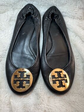 Tory Burch Black Leather Ballet Flats with Gold Logo Medallions
